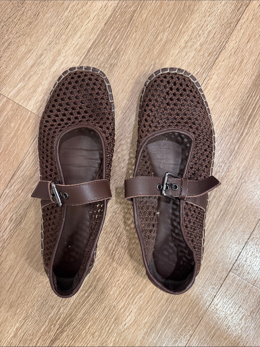 Aqua Brown Mesh Mary Jane Flats with Buckle Strap